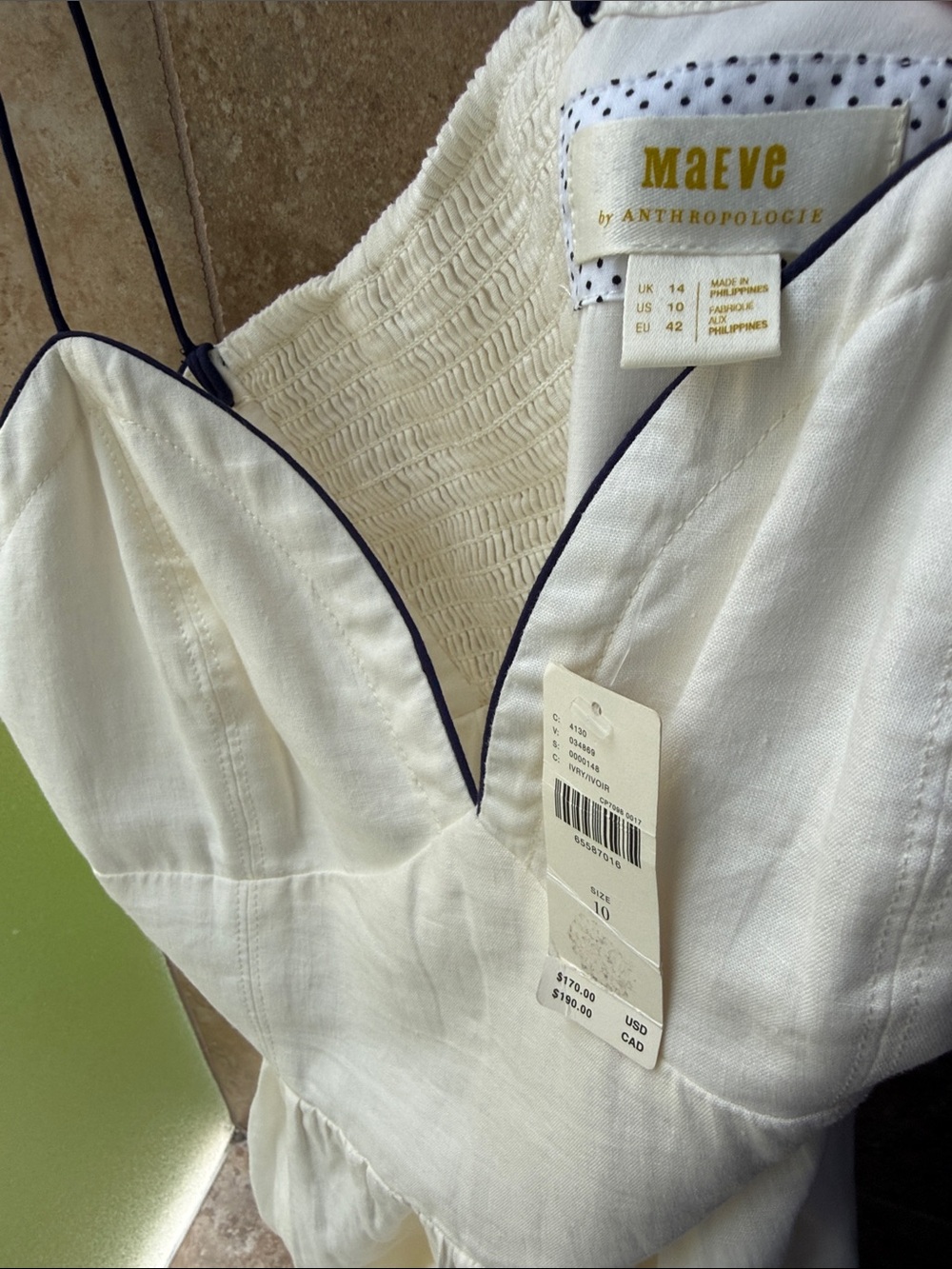 Maeve Linen Midi Dress White Navy Contrast Seamed Anthropologie Pockets Smocked - Picture 12 of 16